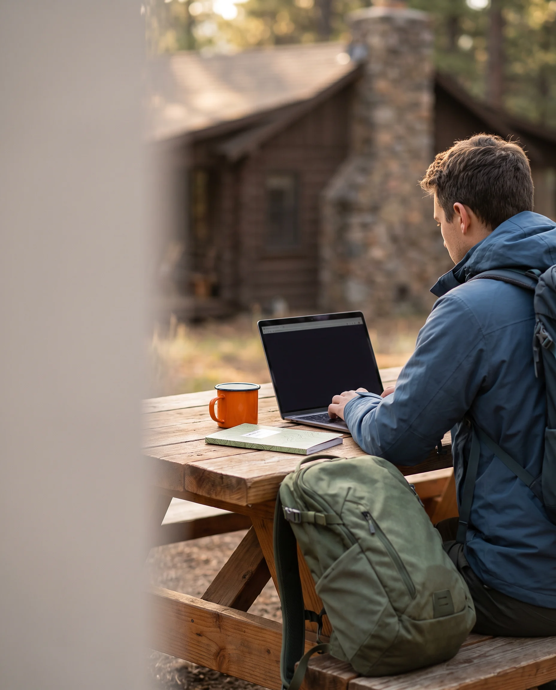 Developer working on a laptop at a cabin picnic table