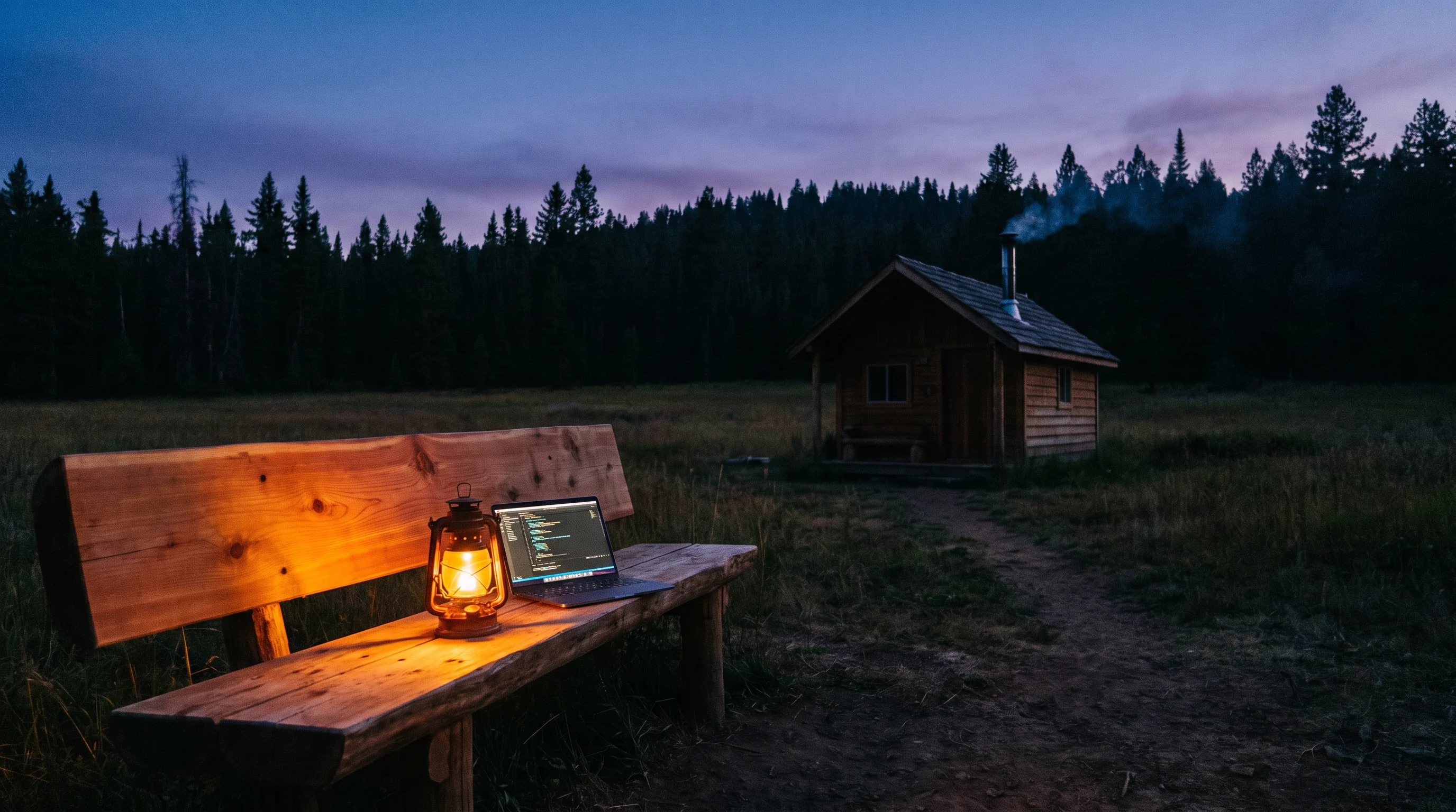 Lantern-lit laptop outside a cabin at twilight
