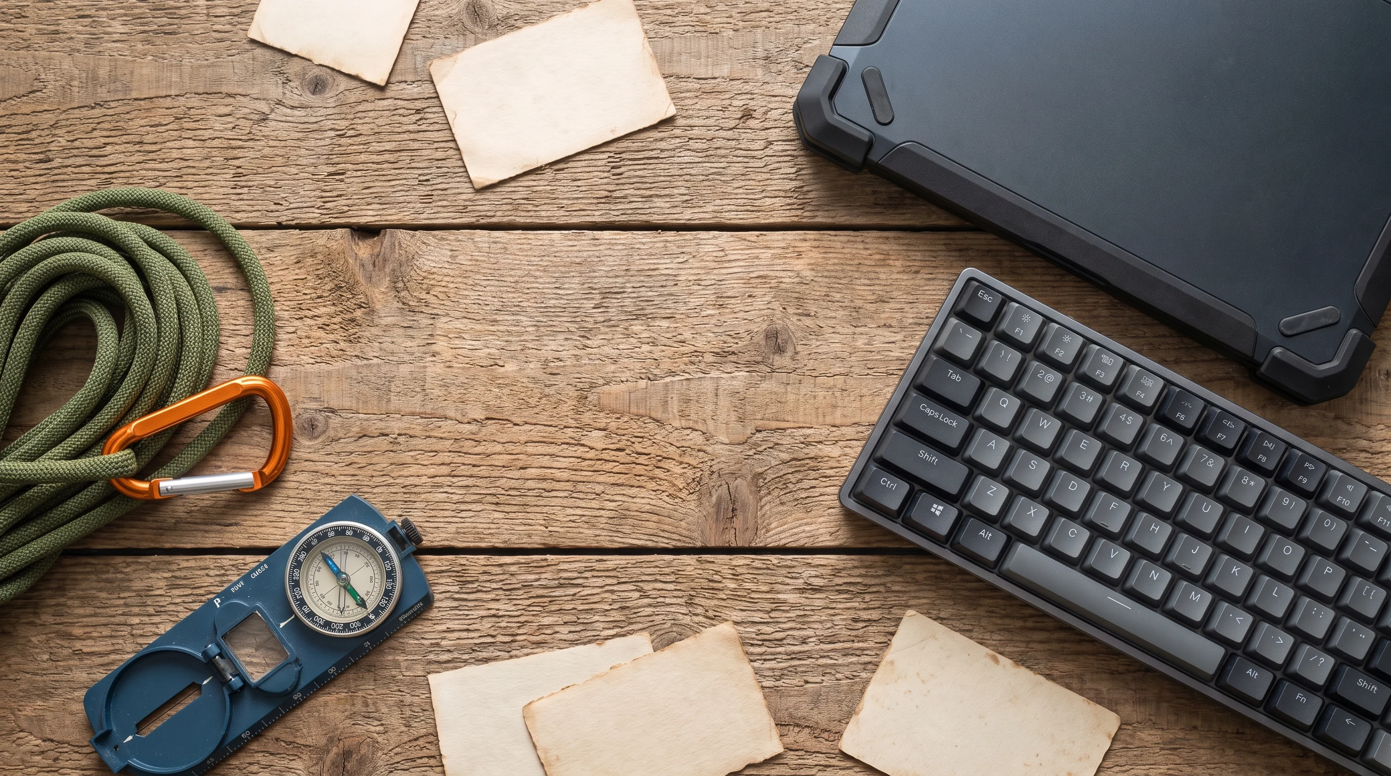 Keyboard, compass, rope and notebook on a wood table