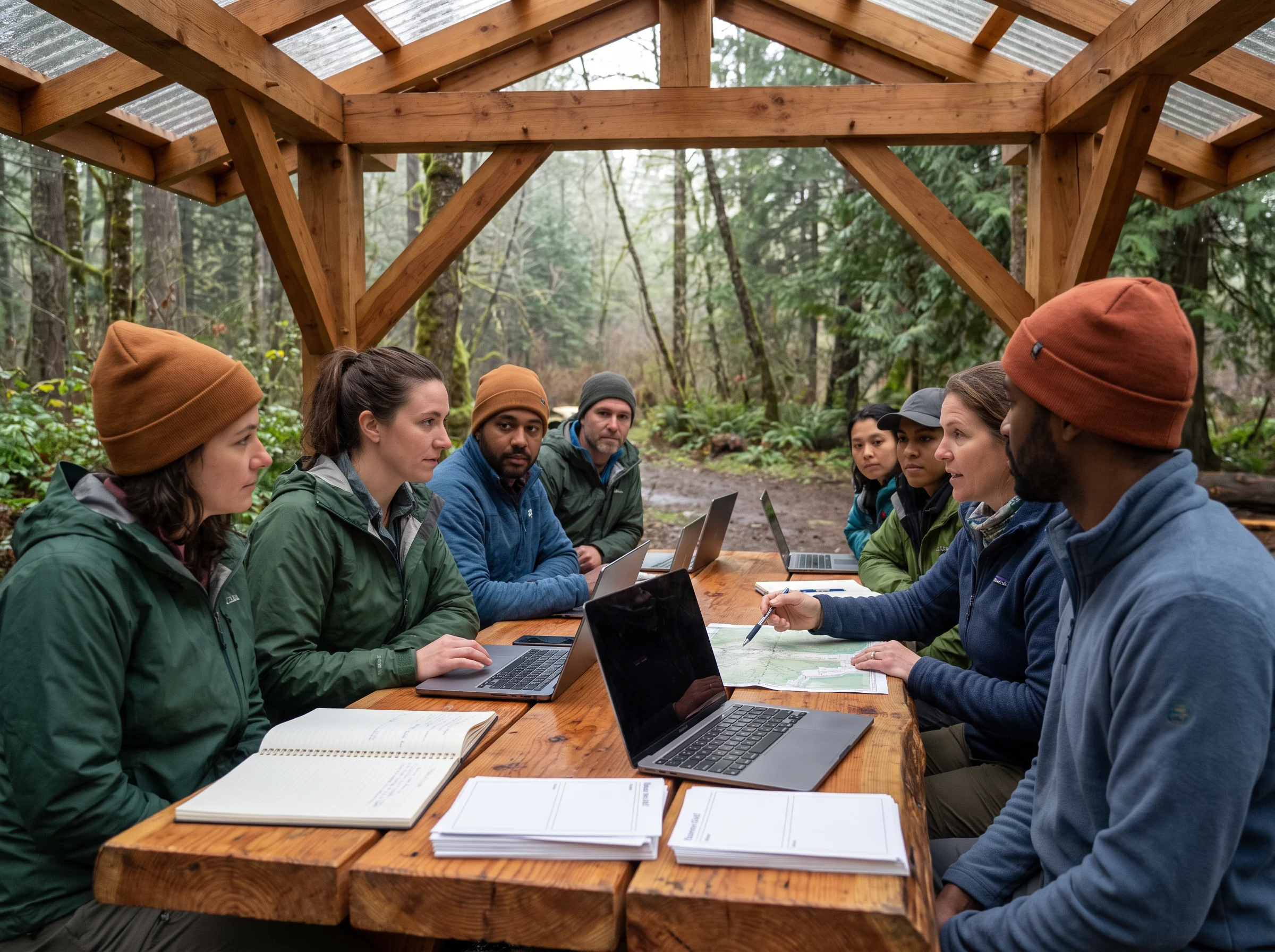 Developers working together at a covered outdoor table