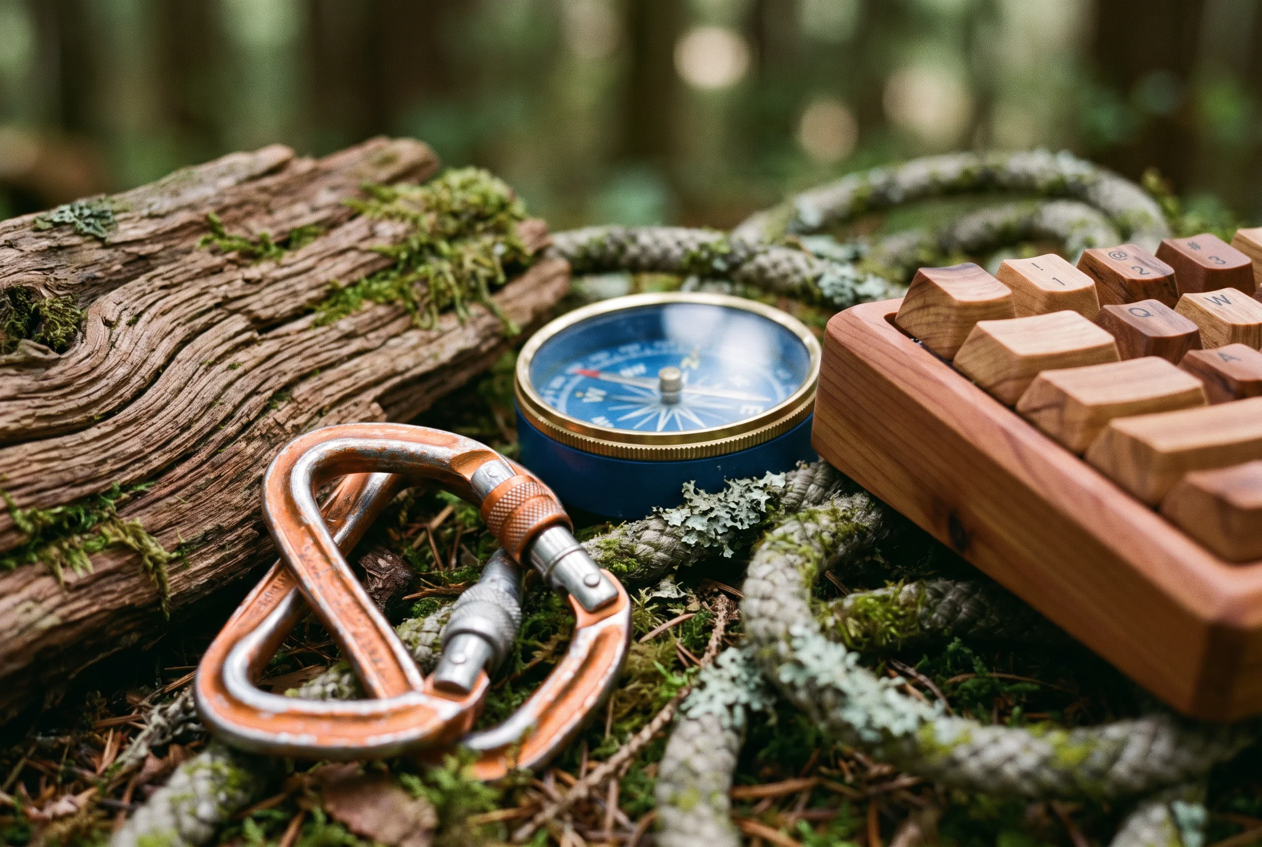 Compass and wooden keys in the forest