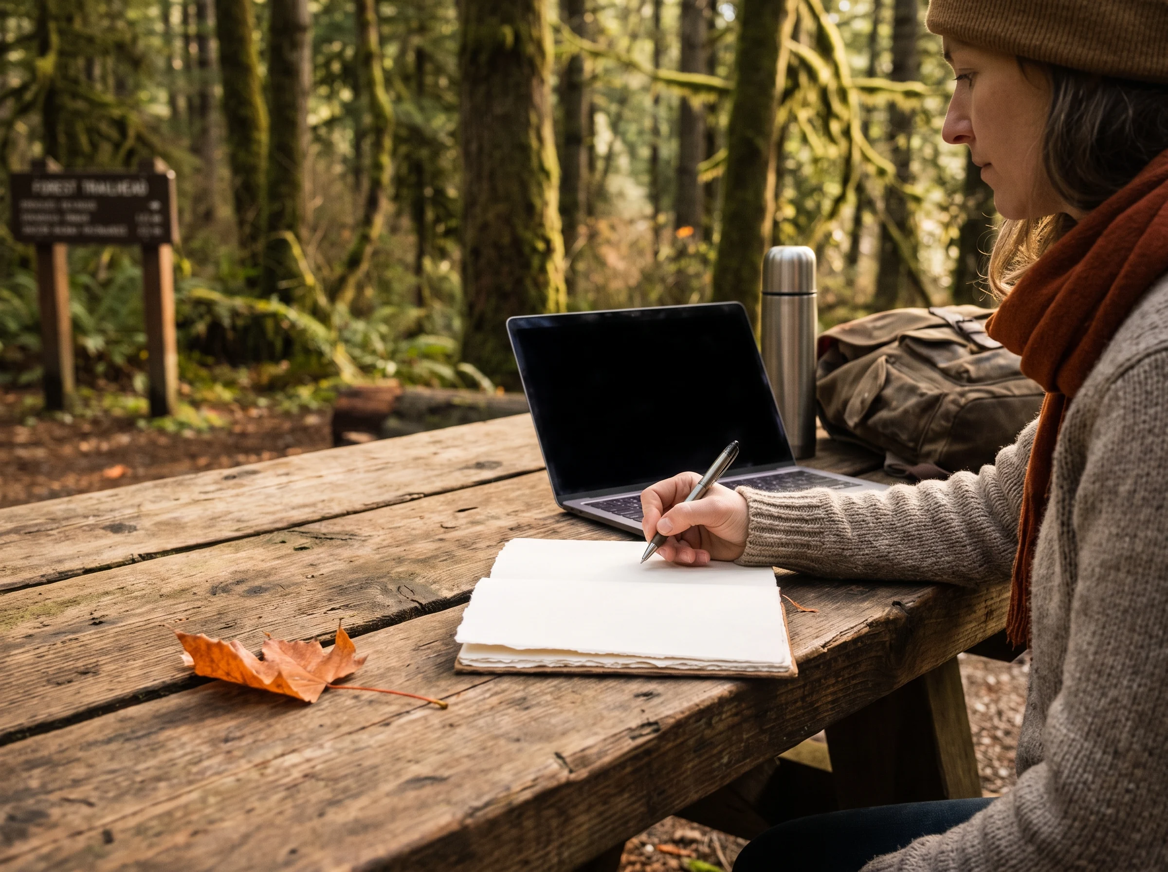 Developer writing in a notebook outside