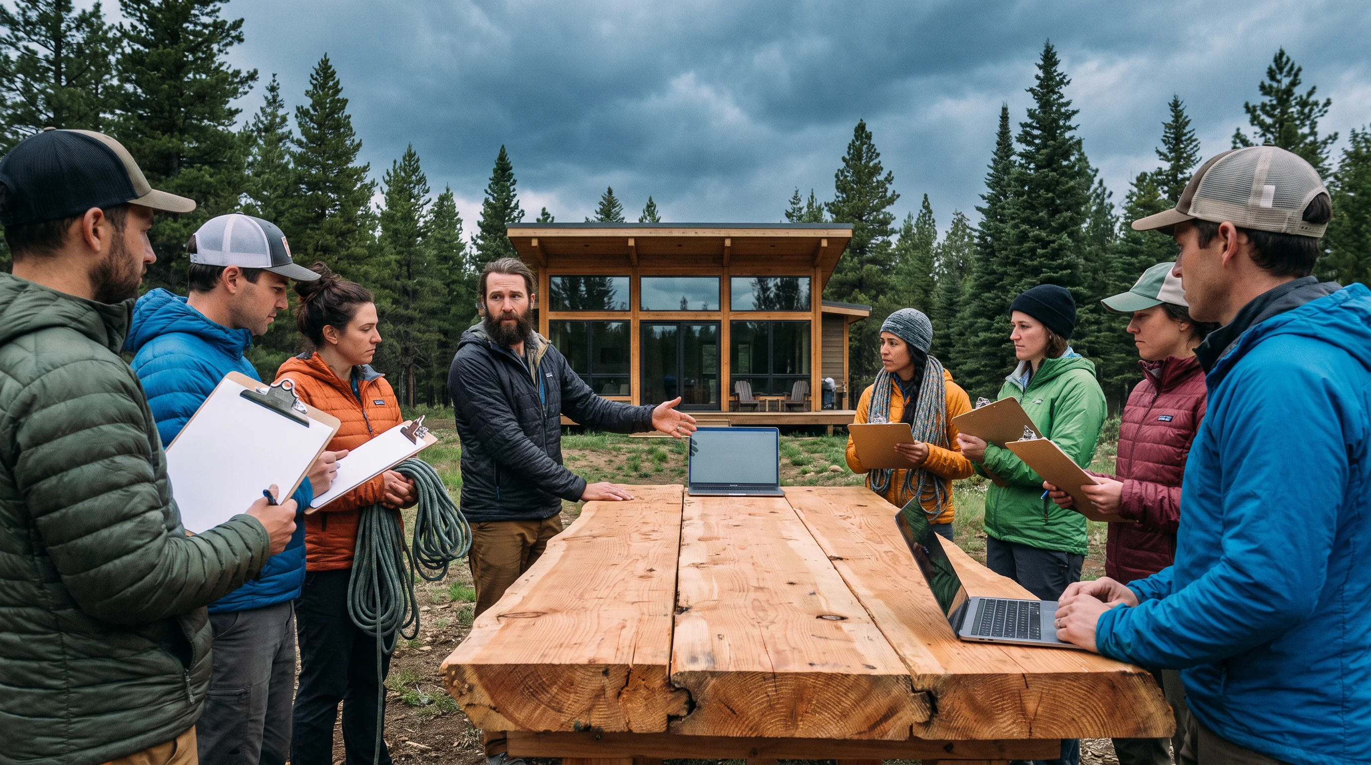 A group gathered around a table outside a cabin