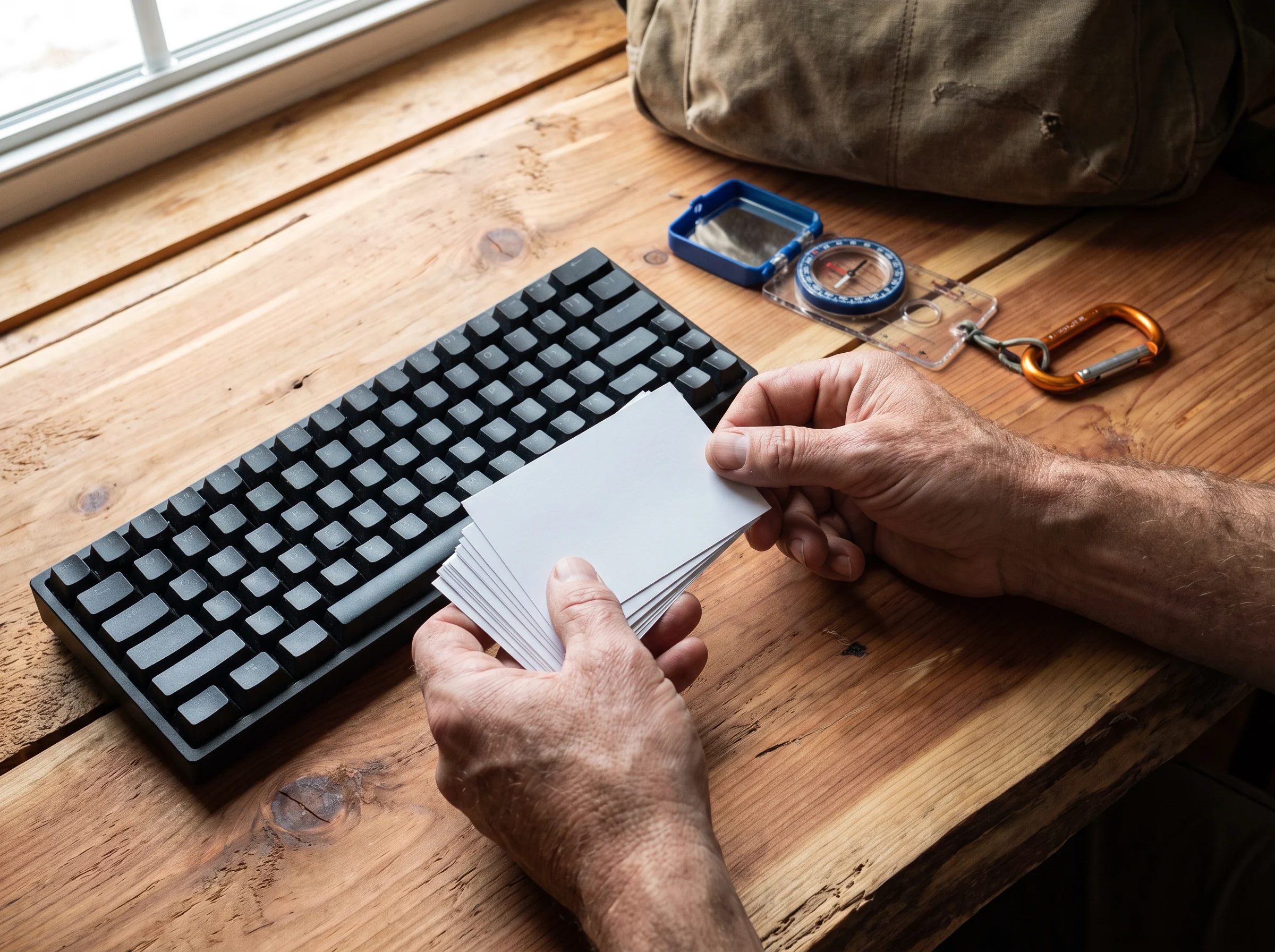 Hands holding note cards beside a keyboard and compass
