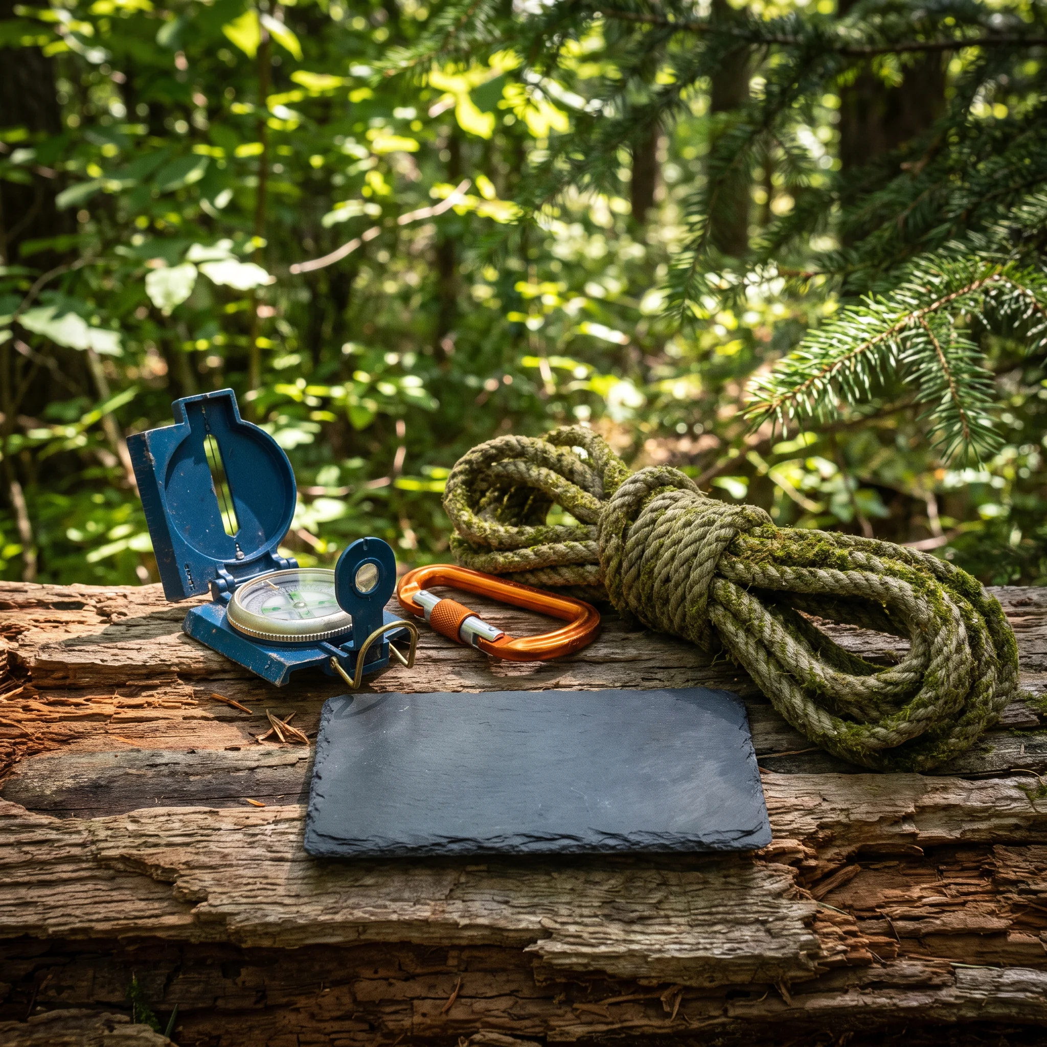 Compass, rope, and carabiner arranged on a forest log